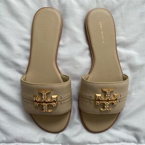 Tory Burch Tan Sandals with Gold Logo